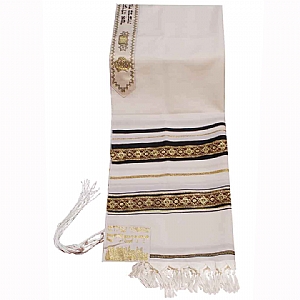Traditional Wool Tallit with Decorative Black and Gold Ribbons Style # 4
