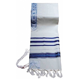 Traditional Lurex Wool Tallit in Blue and Silver Stripes