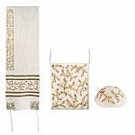 Yair Emanuel Embroidered Pomegranates Raw Silk Tallit Set in White with Tallisack