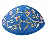 Emanuel Embroidered Kippah, Flowers - Blue