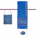 Yair Emanuel Embroidered Raw Silk Tallit Set in Blue with Tallisack