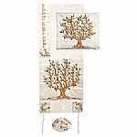 Yair Emanuel Embroidered Raw Silk Tallit Set Tree of Life Design in Green, Gold, and Copper Shades