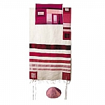Yair Emanuel Maroon on White Silk Tallit with Stripes