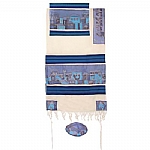 Yair Emanuel Jerusalem in Blue Cotton and Silk Tallit Set